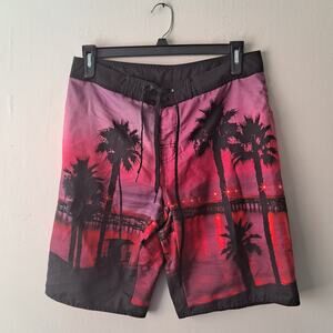Hang Ten Hawaiian Palm Swim Trunks Mens Size 34 Red Black with Drawstrings